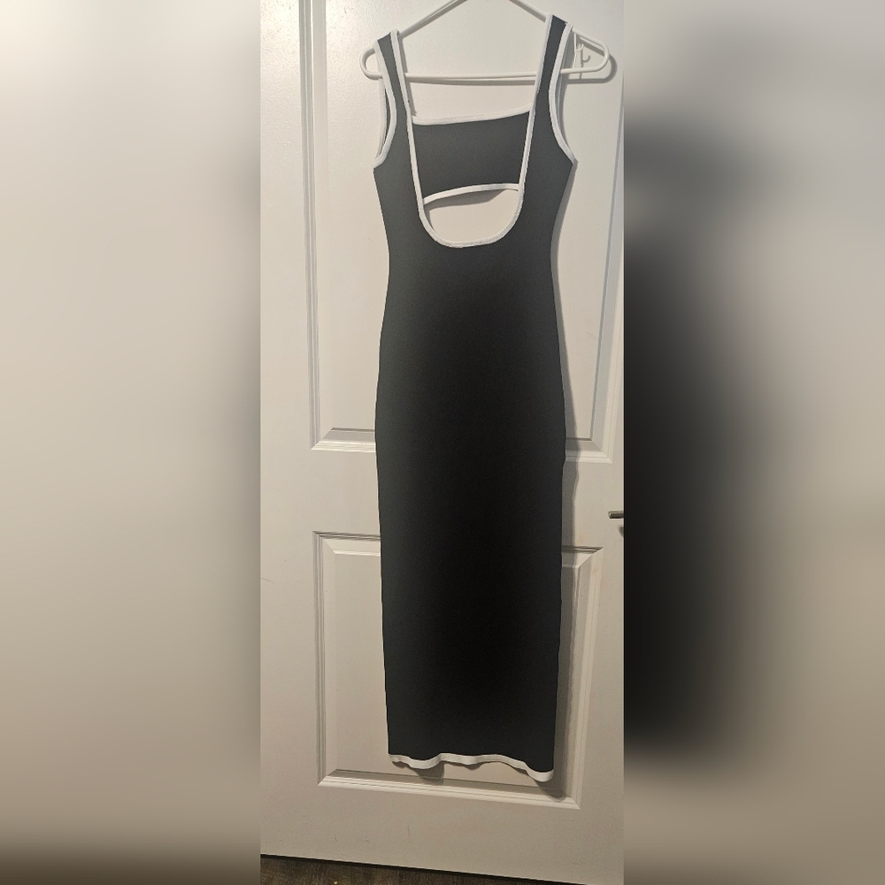 Women's long A-line midi black white trim dress